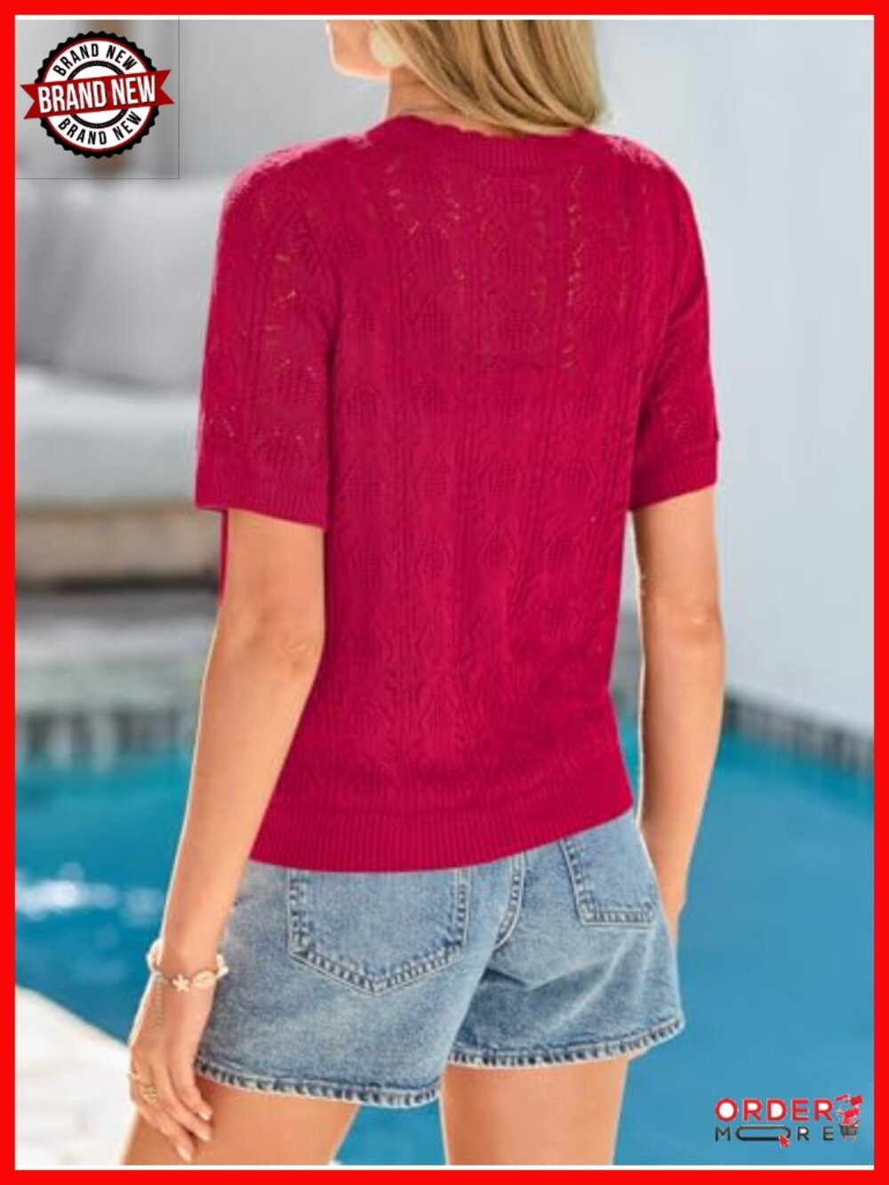Crochet Knit V Neck Button Up Cardigan Short Sleeve Lightweight - Picture 5 of 6